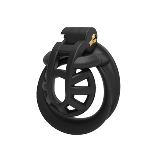 A black chastity device made of nylon resin, featuring a three-dimensional cage structure with rings and a lock.