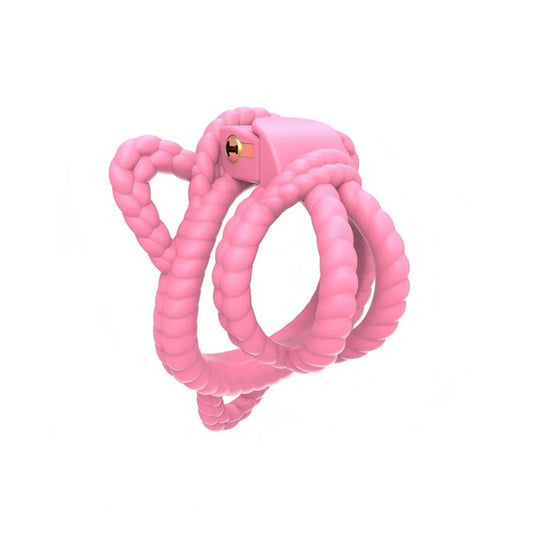 Pink rope chastity cage coiled on a white background