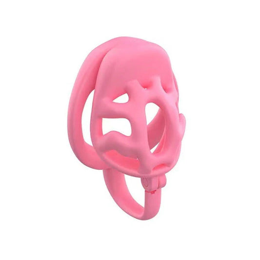Pink chastity cage d12 short with a unique design on a white background