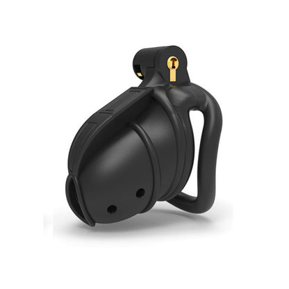 A black chastity device made from nylon resin with a curved base. It includes a small opening at the front and is equipped with a gold-colored key lock on top.