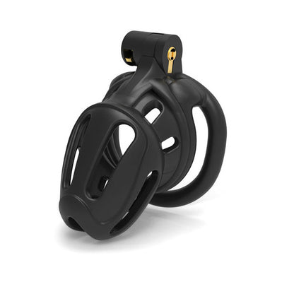 A black chastity cage with a curved base and multiple ring sizes, including four back rings and a cage size of 55mm. It also shows a small padlock and two keys.