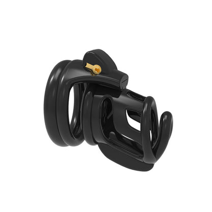 A black cock cage with four ring sizes, a gold-colored key, and ventilation holes.