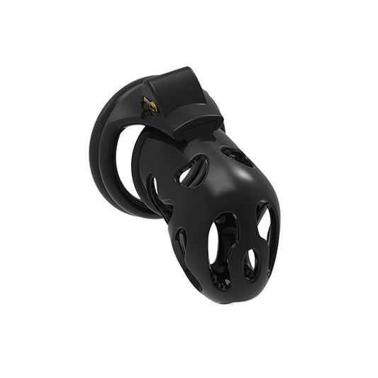 A black chastity device with a sleek, ergonomic design, featuring strategically placed air holes and a top locking key ring.