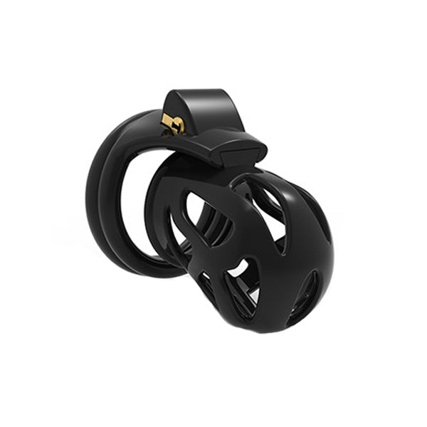 A black chastity device with an ergonomic design, featuring a circular shape with multiple air holes and a top locking key.