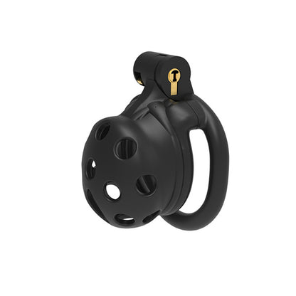 A black chastity device with a smooth, sleek design featuring multiple round openings and a central locking mechanism. The device is constructed from a durable, glossy plastic with metal accents on the rings.