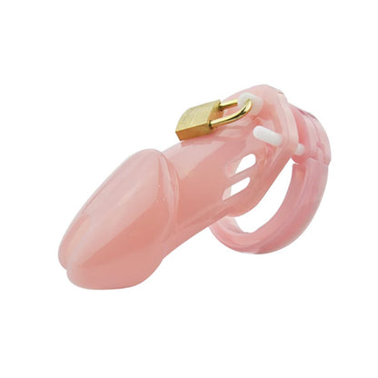 A pink chastity device made of PC plastic, featuring a looped ring at the base and a locking mechanism on the front.