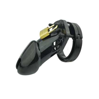 A black chastity device with a metal padlock and adjustable rings.