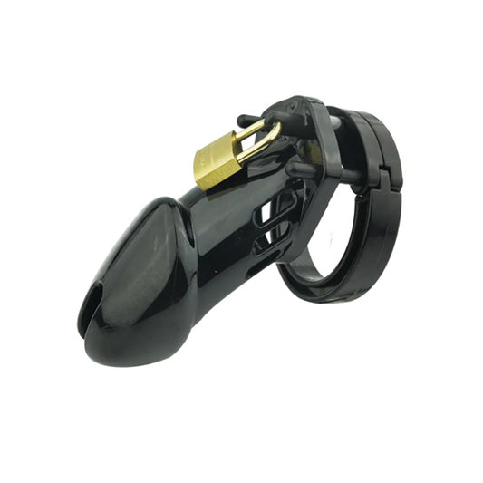 A black chastity device with a metal padlock and adjustable rings.