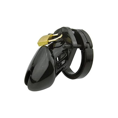 A black chastity device made of PC plastic, featuring a small rectangular cage with a locking mechanism on the front.