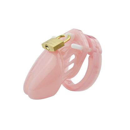 A pink chastity device with a metallic lock, designed to fit around the penis and testicles, includes adjustment rings and combination locks.