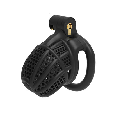 A black chastity cage with a flat design and multiple ventilation holes. It includes a urethral opening and is secured by flat rings.