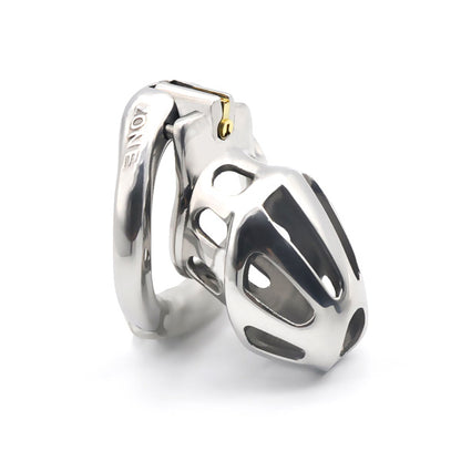 A shiny, metallic chastity cage with a ring at the base and a key lock on the front.