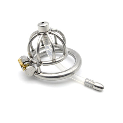 A compact stainless steel chastity device with a triple ring structure and a urethral tube, featuring a sleek silver finish.