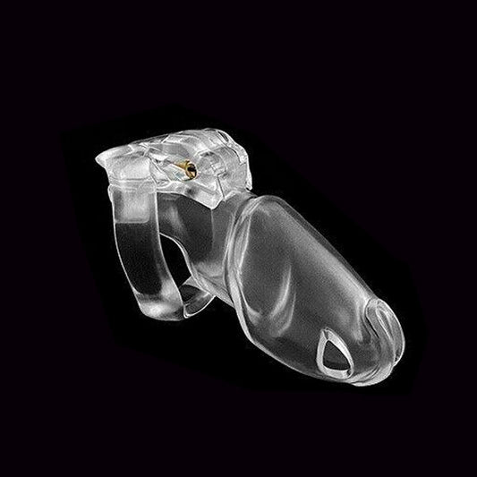 A clear, resin-made chastity device with a snug fit and multiple ring sizes, featuring a smooth and skin-friendly texture.