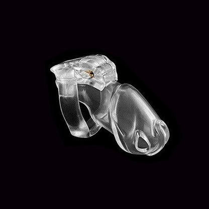 A clear, plastic-made chastity device with a snug fit and multiple ring sizes, displayed against a black background.