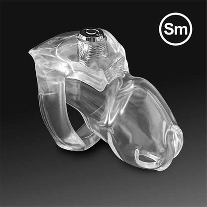 A clear, resin chastity device with a three-ring design and integrated locking system.