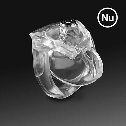 A clear, resin chastity device with a three-dimensional shape, featuring a metallic ring at the top and a textured interior.