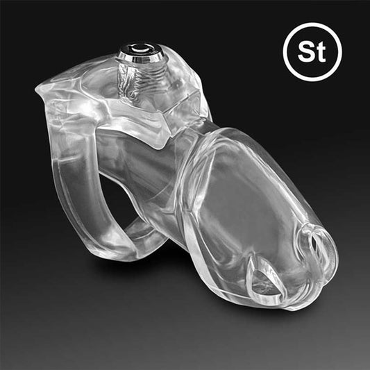 A clear, resin chastity device with a three-ring design and an integrated locking system.
