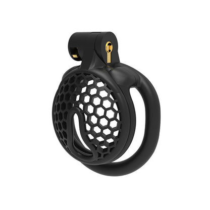A black nylon resin chastity cage with a honeycomb pattern and a small padlock.