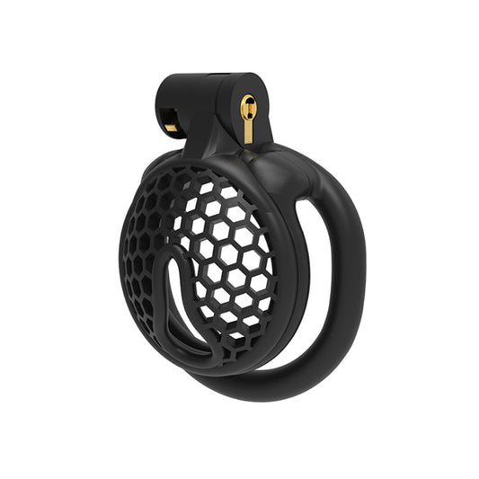 A black nylon resin chastity cage with a honeycomb pattern and a small padlock.