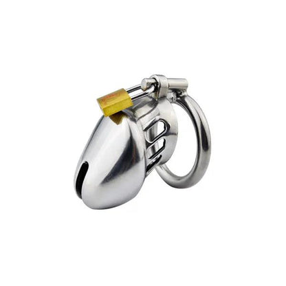 A stainless steel chastity device with an open ring on top and a small gold-colored key inserted in the ring.