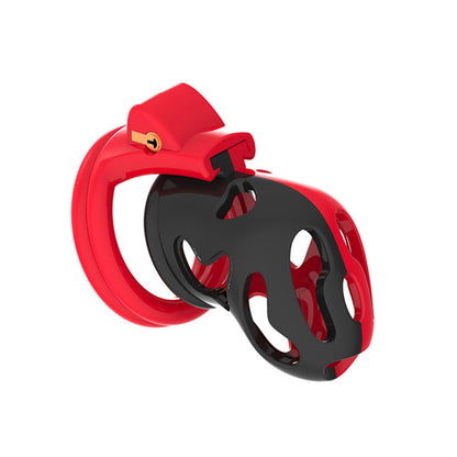 A red and black chastity device with a dual-toned design, featuring a cage-like structure with openings and a comfortable-looking ring.