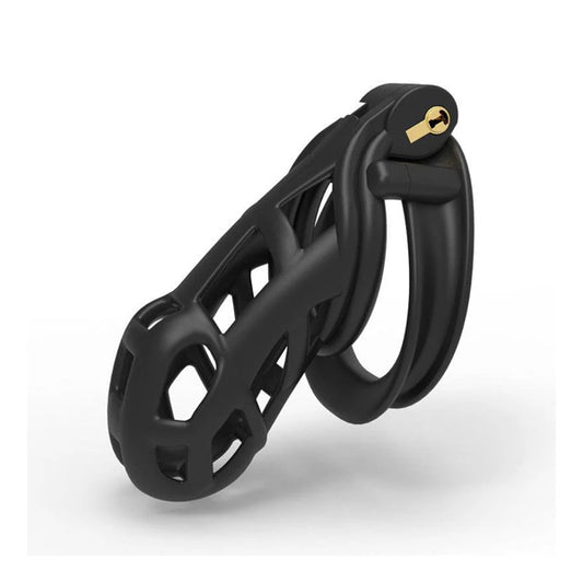 A black nylon resin chastity cage with a curved design and dual arc surfaces, featuring a secure clasp at the front.
