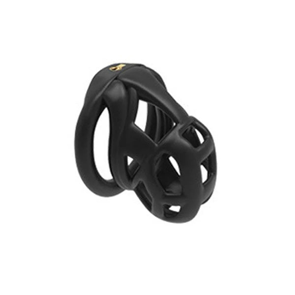 A black nylon resin chastity cage with a double arc surface and flat base rings, designed for comfort and security.