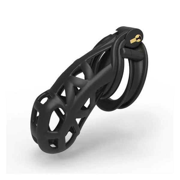 A black nylon resin chastity cage with a curved design and multiple ring sizes, featuring a locking mechanism.