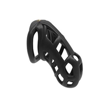 A black nylon resin chastity cage with a double arc design and multiple ring sizes.