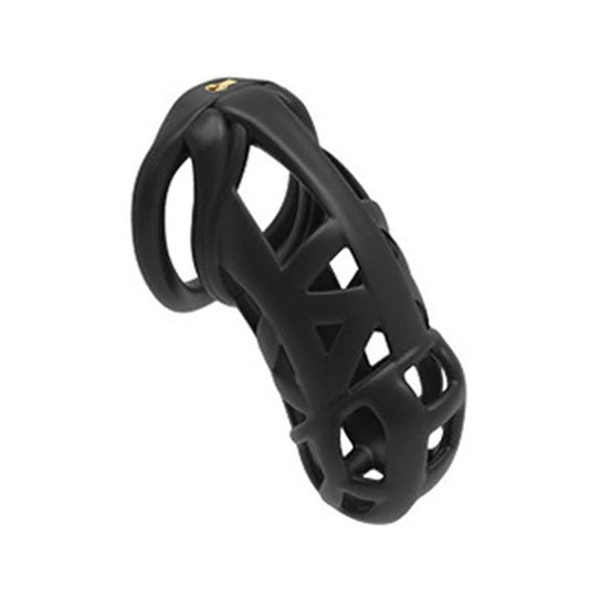 A black, nylon resin chastity cage with a curved, double arc design and multiple ring sizes for adjustment.