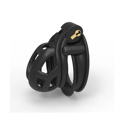A black nylon resin chastity cage with a curved design and a gold-colored padlock. The device includes multiple rings and is designed for secure fit and comfort.
