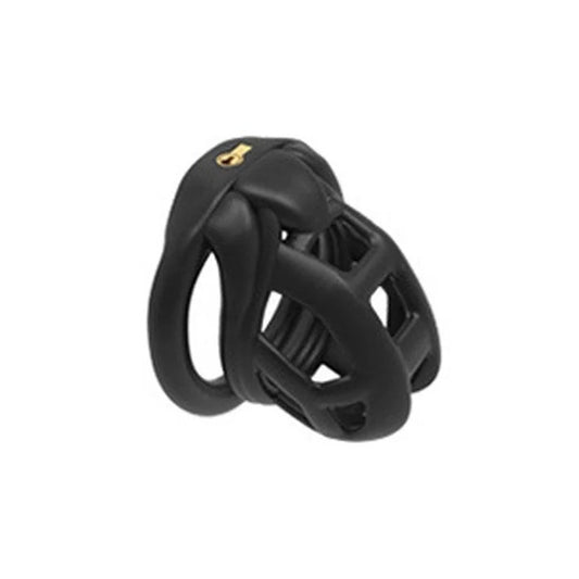 A black chastity cage made from nylon resin, featuring a curved design and multiple ring sizes.