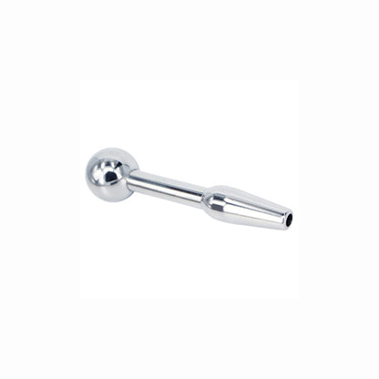A silver-colored steel penis plug with a smooth, shiny finish and a rounded ball on one end for easy insertion.