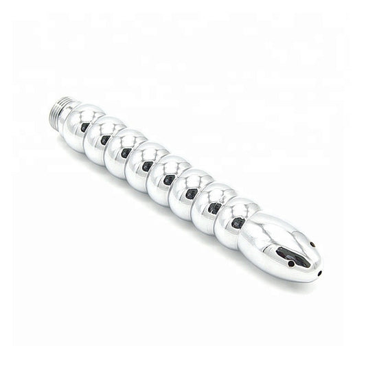 A silver-colored aluminum douche head with a series of holes along its length, designed for anal or vaginal use.