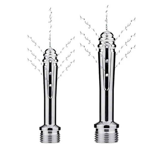 Two chrome Enema Shower Head with water sprays on a white background