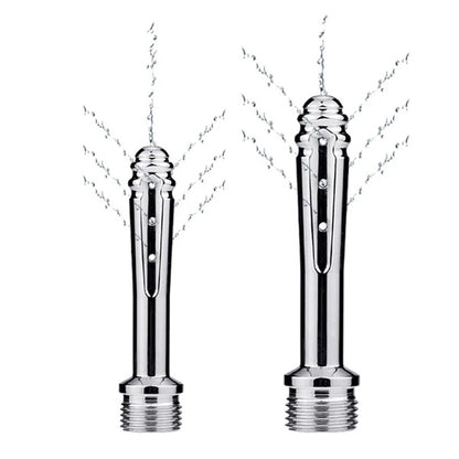 Two chrome Enema Shower Head with water sprays on a white background