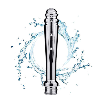 Chrome shower head with water splashes on a white background