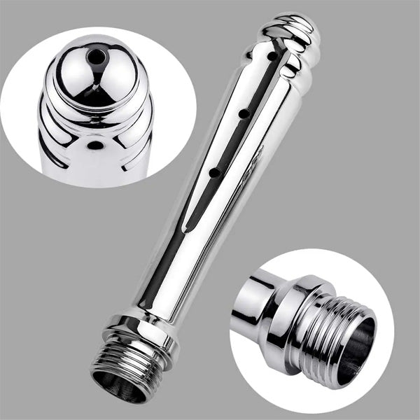 Chrome Enema Shower Head with close-up insets on a gray background