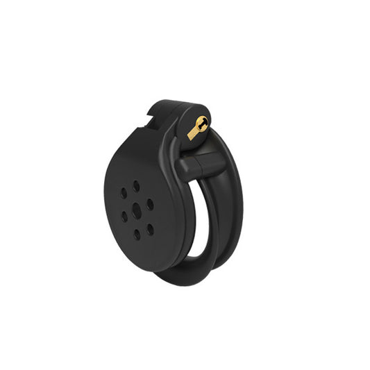 A black resin chastity device with a circular base and a loop with multiple vent holes, featuring a small gold-colored lock.