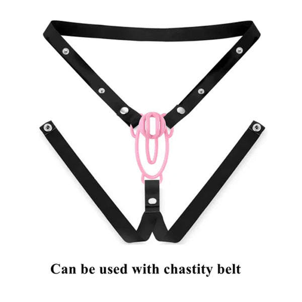 Black chastity belt with pink fufu clip lock on a white background