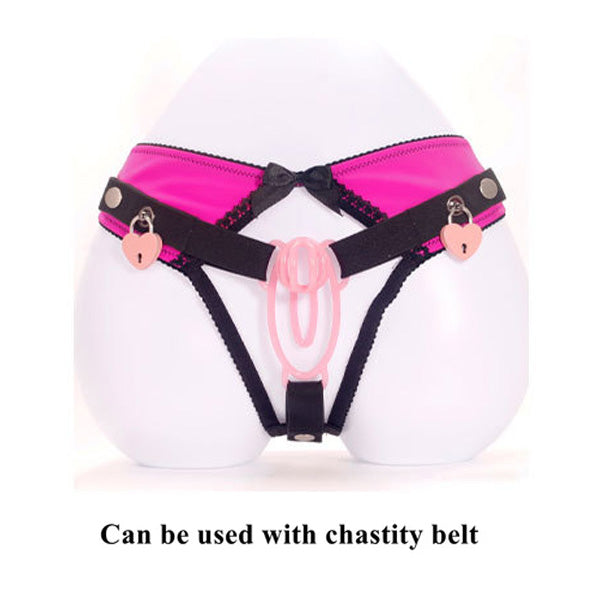 Pink fufu clip and black chastity belt panties on a white background with text indicating compatibility.