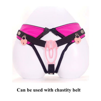 Pink fufu clip and black chastity belt panties on a white background with text indicating compatibility.