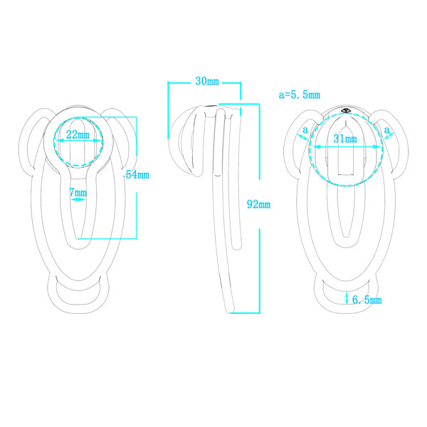Measurement chart of a fufu clip with dimensions labeled on a white background