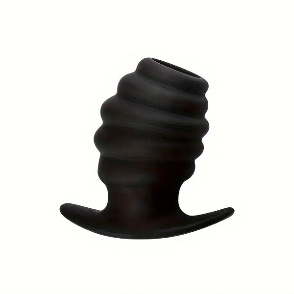 Black, ribbed silicone butt plug on a white background