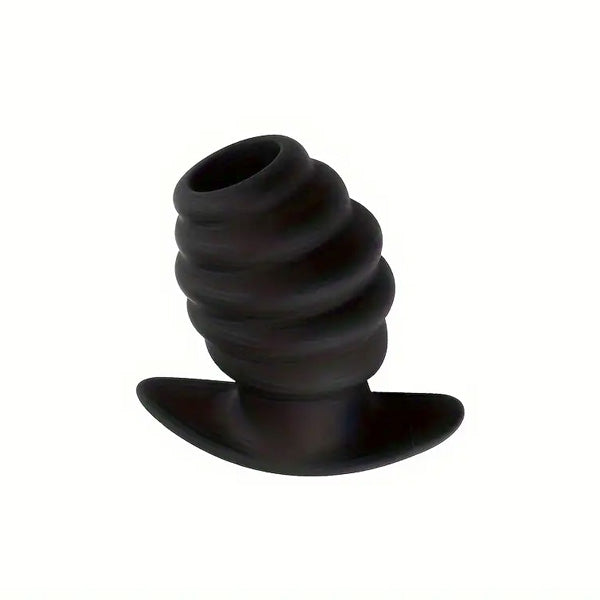 Black silicone butt plug on a white background