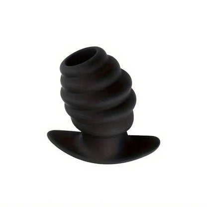 Black silicone butt plug on a white background