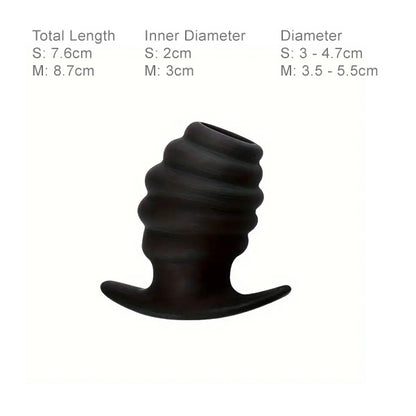 Black silicone product with size chart on a white background