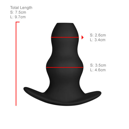 Black silicone Hallow Anal Plug N6 with measurements on a white background