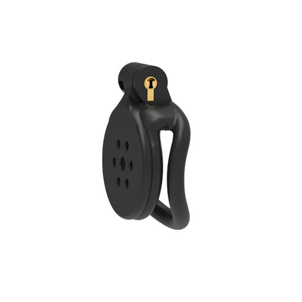 A black resin chastity device with a curved ring and multiple vent holes, including a hidden lock.